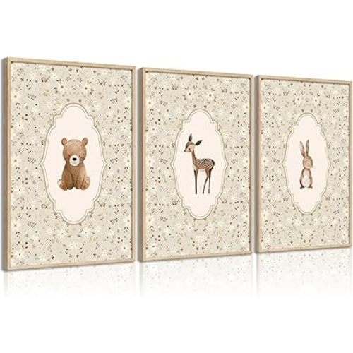 Vintage Woodland Animals Nursery Canvas Wall Art Cute Bunny Bear Deer Picture Wall Decor Country Nursery Poster Farmhouse Nursery Painting Print Artwork for Girls Room Kids Room Baby Room Bedroom