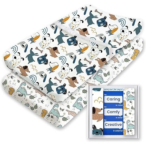 Extra Stretchy Changing Pad Cover, TotBasic Ultra Soft Premium Jersey Knit Changing Pad Sheets, Unisex for Boys Girls, Fits All Standard Changing Tables/Dresser Tops - 2 Pack (Print Dino + Puppy)