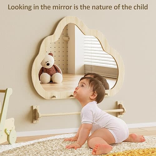 Montessori Mirror with Bar, Baby Pull to Stand Toys, Easy Assembly Natural Frame, Adjustable Infant Mirror, Montessori Furniture for Toddler 6-18 Months-Natural