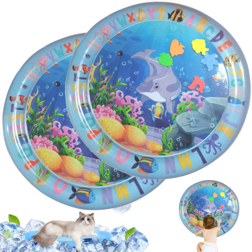 2 Pack Inflatable Playmat,Premium Tummy Time Water Mat,Portable Round Water Pad,Visual Stimulation Gift,Water Pads that Promote Motor and Sensory Development,Blue