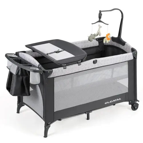 ELEMARA 50" Babies Bassinet Bedside Crib with Diaper Changer,Pack and Play with Mattress and Blackout Cover for Baby,4 in 1 Playpen Travel Bed with Storage,Playard with Adjustable Height