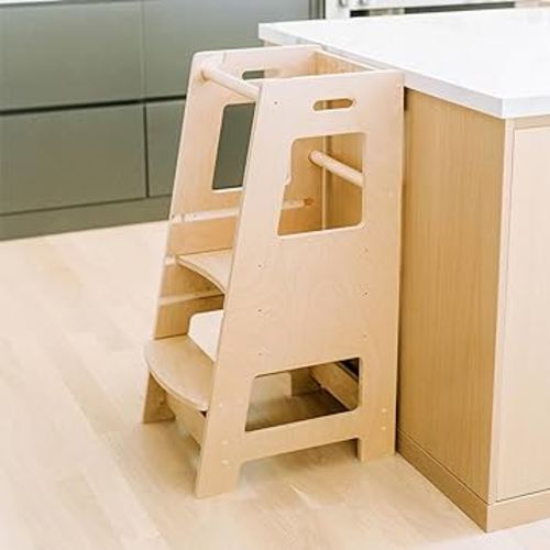KidzWerks Child Standing Tower Kids Kitchen Step Stool Toddler Wood Stepping Stool - Children's Montessori Stool - Adjustable Platform, Natural Wood