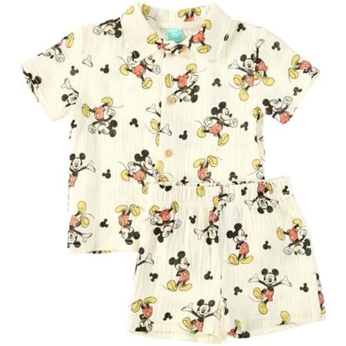 Disney Baby Boys Short Set - Winnie the Pooh, Mickey Mouse, Lilo & Stitch Button Down Short Set for Infants (12M-24M)
