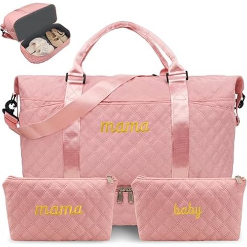 Mama Baby Pregnancy Hospital Bag Essentials for Women Labor Delivery Diaper Organizer with Shoe Compartment,2 Waterproof Toiletry Pouch Travel Duffle Bag for Mommy Weekender Overnight Gym Gifts,Pink
