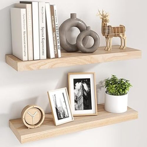 Natural Wood Floating Shelves, 24 Inch Wood Floating Shelves Set of 2, Natural Raw Wood Shelves for Living Room Bedroom Home Office - Natural