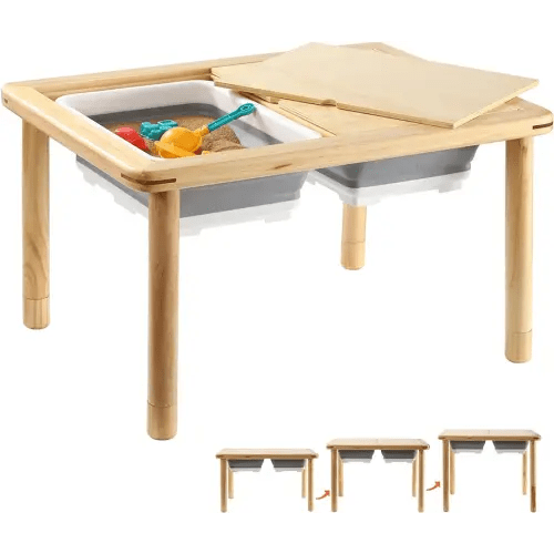 FUNLIO Wooden Sensory Table with 2 Bins for Toddlers 1-5, 3-Level Height Adjustable Kids Sensory Table with Anti-Warping Plywood Lid, Indoor/Outdoor Play Sand and Water Table, CPC Certified