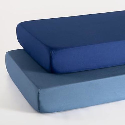 TILLYOU Baby Crib Sheets for Boys Girls, Fitted Crib Sheet 2 Pack for Standard Crib and Toddler Mattresses, Super Soft Toddler Bed Sheets, 28"x52"x8", Navy & Stone Blue