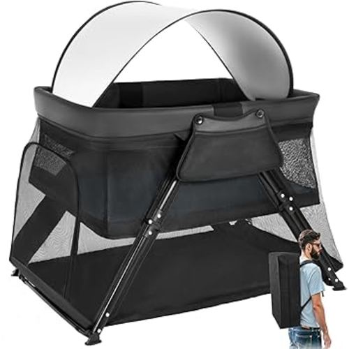 Lilian&Gema 2-in-1 Travel Crib, Portable & Foldable Crib with Backpack, Lightweight Baby Travel Playpen with Thick Mattress for Babies & Toddlers, Baby Travel Essential