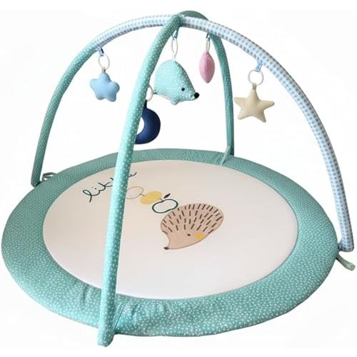 Baby Play Gym Mat & Activity Mat - 100% Cotton Soft Playmat with 6 Detachable Toys for Tummy Time, Machine Washable, Sensory Development Gift (Hedgehogs)
