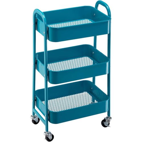 AGTEK Makeup Rolling Cart, 3 Tier Movable Rolling Organizer Storage Trolley Metal Utility Cart, Peacock Blue