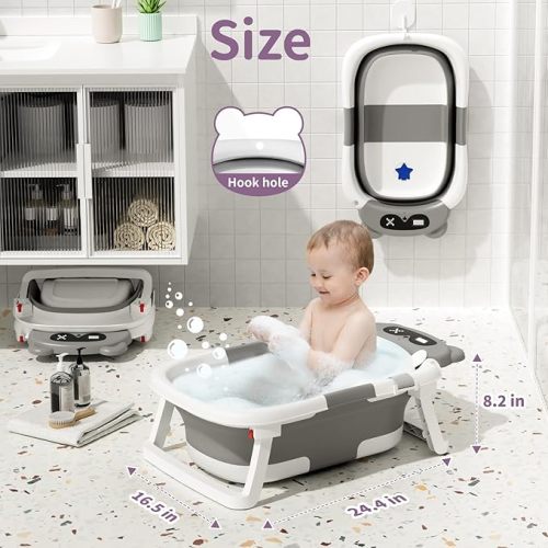 Baby Bathtub with Thermometer for Newborn to Toddler,Collapsible Travel Baby Bath Tub with Soft Cushion,Foldable Baby Bath Tub for Infants 0-24 Months,Grey