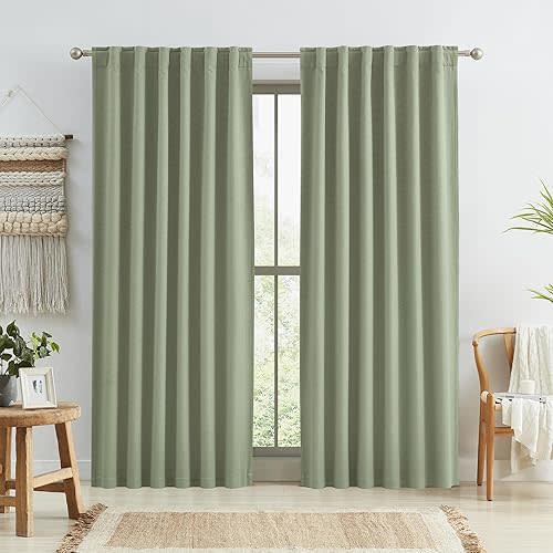 KEQIAOSUOCAI Sage Green Blackout Linen Curtains 84 Inch Length 2 Panels Set, Back Tab Rod Pocket Hooks Window Treatment Boho Cotton Textured Long Drapes for Bedroom Living Room 50x84