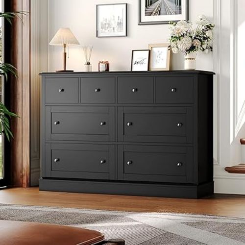 FINETONES Black Dresser 8 Drawer Dresser, 47.2" Black Chest of Drawers Nursery Dresser with Large Storage, Wood Dresser with Deep Drawers, Long Dressers & Chests of Drawers for Home Office