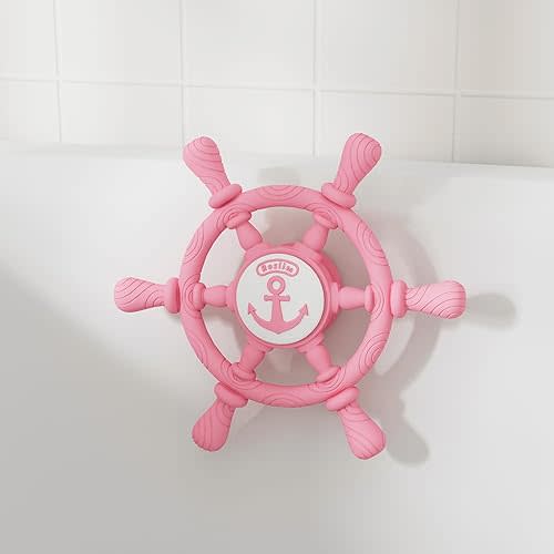 Large Bathtub Suction Spinner Toys - Silicone Bath & Highchair Sensory Toys for Babies & Toddlers, Novelty Spinning Top with Suction Cup, Car Window Travel Toys (Ship Steering Wheel Toy - Pink)