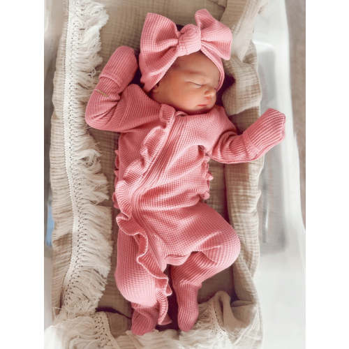 Organic Waffle Ruffle Zip Footie, Pink