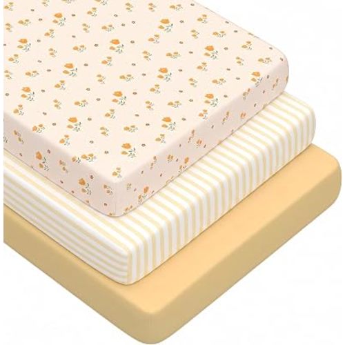 3 Pack Crib Sheets for Girls – Fitted Crib Sheets for Standard Crib Mattress and Toddler Mattress, Ultra Soft Breathable Washable Polyester, 28x52inch, Yellow & Flower