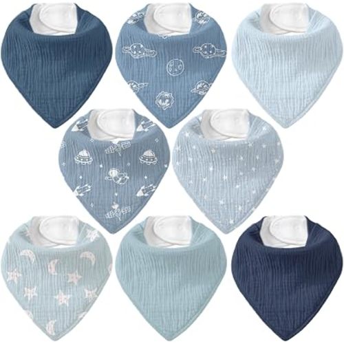 8-Pack Muslin Baby Bandana Bibs | Super Absorbent Cotton Drool Bibs, Nickel-Free Snaps, Teething & Registry Gift for Newborn Boys Girls 0-36 Months Navy Blue Space