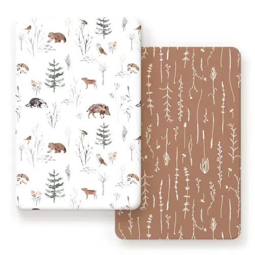 Pack n Play Sheets Fitted 2 Pack, Stretchy Ultra Soft Jersey Knit Pack and Play Sheets, Universal Fitted Portable/Mini Crib Mattresses Snug and Safe, Stylish Pattern of Jungle Animals