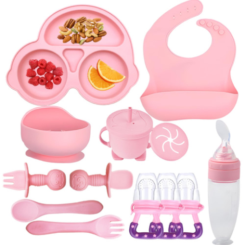 Silicone Baby Feeding Set,Miicasa Baby Led Weaning Supplies Kit With Suction Bowl & Car Plate, Bib, Spoon, Fork, Cup - Food-Grade Silicone, Dishwasher-Safe, No BPAs - For 3+ Months