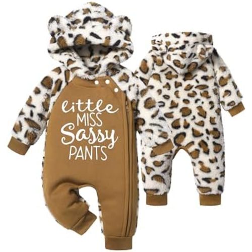 Baby Girl Onesie Snowsuit Bear Outfit Winter Leopard Print Fleece Hoodie Romper Zip Closure Clothes Set
