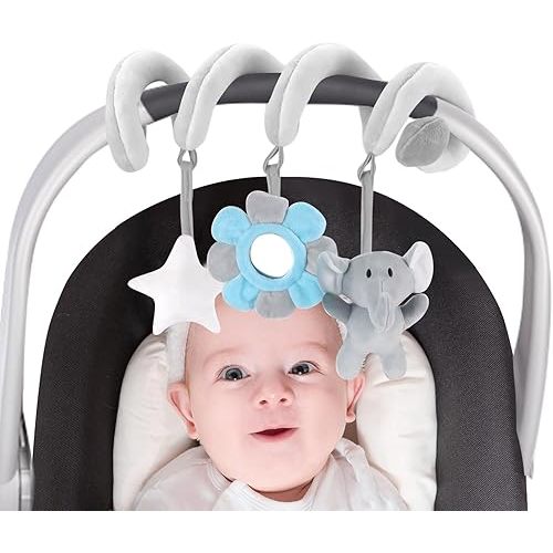 vocheer Car Seat Toys for Babies 0-6 Months Boys, Hanging Rattle Bouncer Toys for Crib Mobile, Infant Spiral Plush Stroller Toys, Grey Elephants