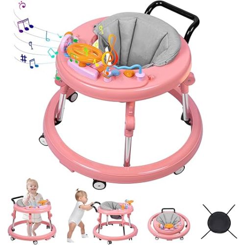 Baby Walker, Foldable 9-Gear Height Adjustable Baby Walker with Wheels, Infant Toddler Walker with Music Disk, Anti-Fall Baby Walkers and Activity Center with Foot Pads for Boys and Girls 6-24 Months