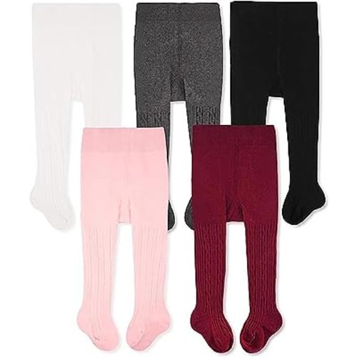 CozyWay Girls Tights Cotton Cable Knit Footed Pantyhose Baby Toddler Leggings - Pack of 5