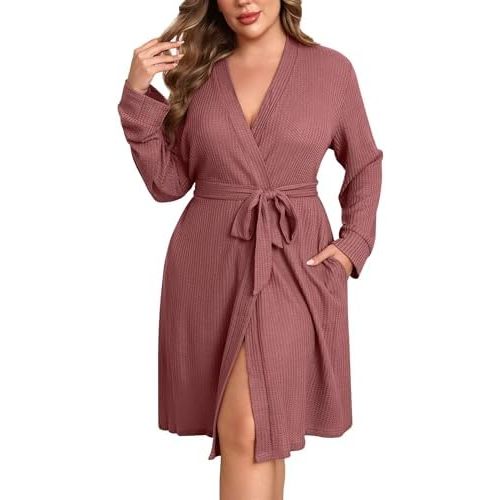 Ekouaer Women's Plus Size Robe Waffle Knit Bathrobe Short Lightweight Kimono Robes with Pockets Maternity Robe 1x-5x