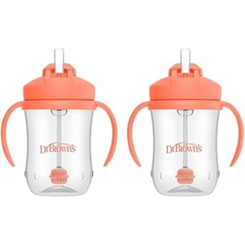 Dr. Brown's Milestones Baby’s First Straw Cup, Training Cup with Weighted Straw, Coral, 6m+ (Pack of 2)