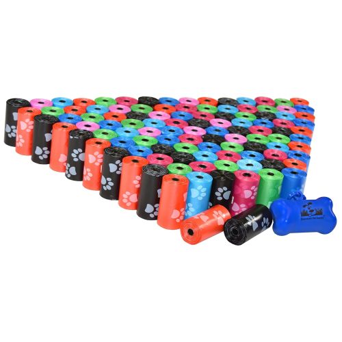 Downtown Pet Supply Poop Bags for Dogs with Dispenser, 2200 Count - Leak-Proof Dog Waste Bags and Bone-Shaped Dog Poop Bags Holder for Leash - Rainbow with Paw Prints of Colors, 12.5" x 8.5"