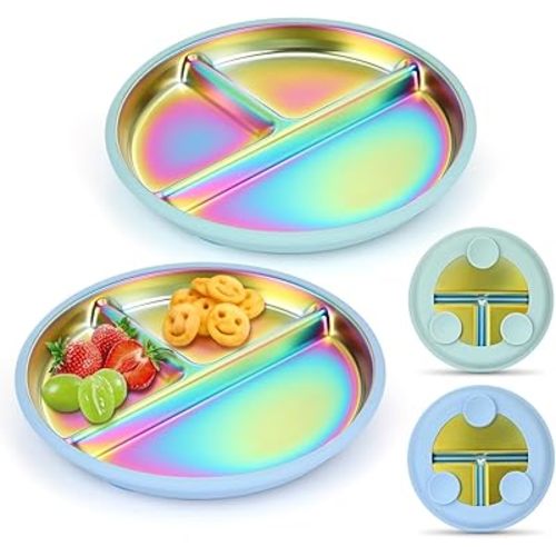 AIEVE Stainless Steel Kids Plates with Suction,2 Pack Round Divided Toddler Plates 9 inch with Removable Silicone Suction