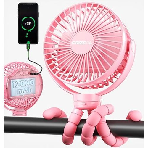 FRIZCOL 12000mAh Portable Stroller Fan, Use As Power Bank, 65H Battery Operated Fan Flexible Tripod Clip On Fans, Detachable Personal Handheld Baby Fans for Stroller, Car seat, Desk, Treadmill(Pink)