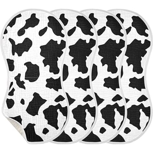 Muslin Burp Cloths for Baby Boys and Girls - 4-Pack Ultra Absorbent Cow Print Muslin Washcloths, Newborn Towel, Milk Spit Up Rags, Burp Cloth Bib for Unisex, 22 x 11 Inch
