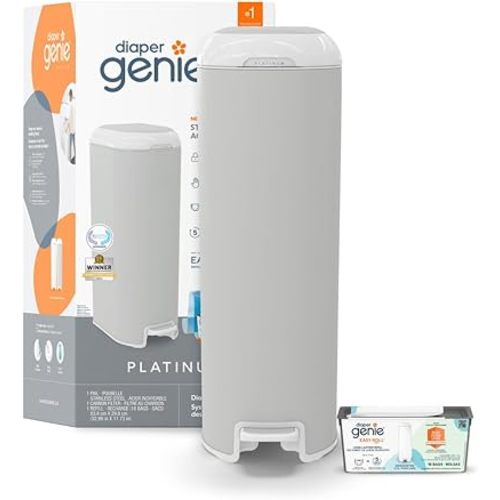 Diaper Genie Platinum Diaper Pail, Grey - Made in Durable Stainless Steel and Includes 1 Easy Roll Refill with 18 bags
