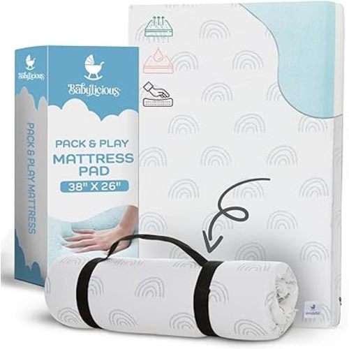 Waterproof Pack and Play Mattress Topper - 38" x 26" | Roll Up Style - Breathable Soft Memory Foam - Portable Playard Mattress Topper- Baby Foam Playpen Mattresses for Babies - Boho Design
