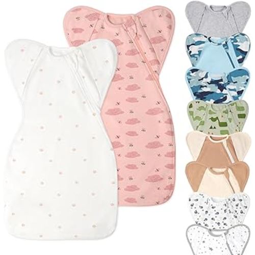 Swaddle Blanket Sleep Sack with Arms Up Design 2 Packs, Hands Up Sleeping Sack 3-Way Transitions to Arms-Free Wearable Sleeping Bag for Newborn Baby Boys Girls Snug Fit Calms Startle Reflex