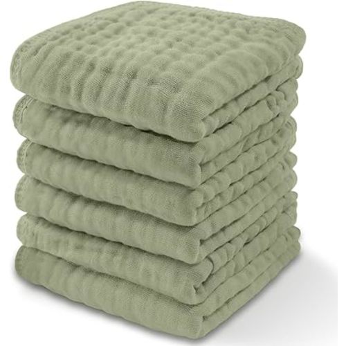 Comfy Cubs Muslin Baby Washcloths 6 Pack - Soft 6-Layer Cotton Wash Cloths for Sensitive Skin - 10"x10" Large, Gentle, Absorbent Infant Essentials for Newborn and Toddlers - (Sage)