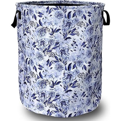 Blue Flower Floral Laundry Basket Foldable With Handles Beautiful Tote Bag Oxford Cloth Colorful Laundry Hamper Clothes Storage Bucket Toy Organizer 18.9"x16.5"For Bathroom/Laundry/Bedroom