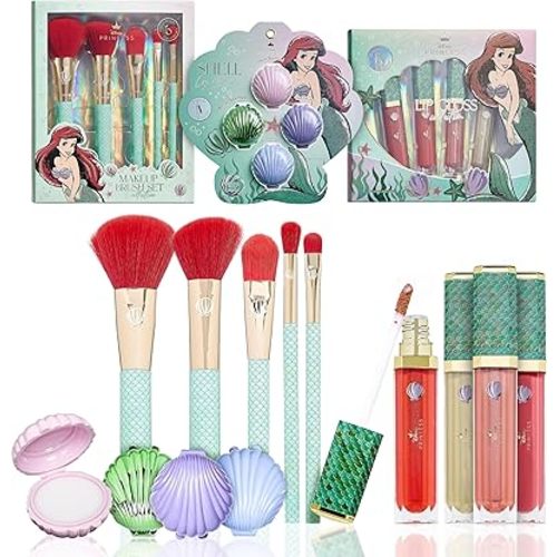 Disney Belle Maison Cosmetic Makeup Set, Makeup Essential, Princess Ariel - Includes 5pc Makeup Brush, 4pc Lip Gloss, 4pc Lip Balm