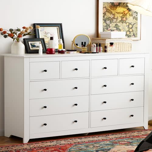 EnHomee White Dresser, Dresser for Bedroom with 10 Drawers Wood Dresser with Smooth Metal Rail, Large Dressers & Chests of Drawers Wide Dresser,52.2W*15.8" D*35.8" H