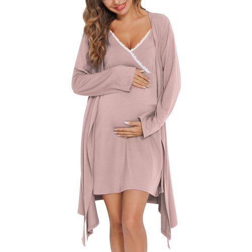 SWOMOG Womens Maternity Robe 2 Piece Nursing Nightgown for Breastfeeding 3 in 1 Labor Delivery Nursing Dress Lace Bathrobe