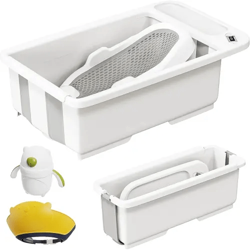Collapsible Baby Bathtub with Smart Temperature Display & Bath Stand, Portable Travel Bathtub, Ideal for 0-36 Months Infants (Beige)