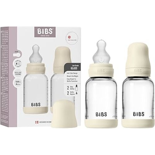 BIBS Baby Glass Bottle 2-Pack 120 ml. Anti-Colic. Vented Round Silicone Nipple. Supports Natural Breastfeeding, Complete Set - 120 ml (Pack of 2), Ivory