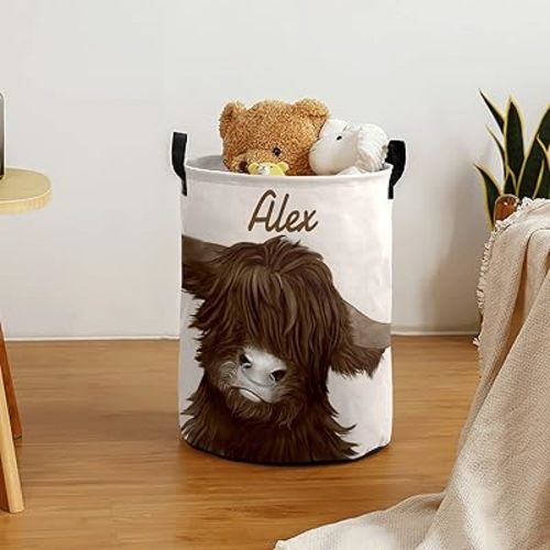 Highland Brown Cow Laundry Basket Personalized with Name Custom Dirty Clothes Storage Basket with Handle Foldable Round Storage Bin