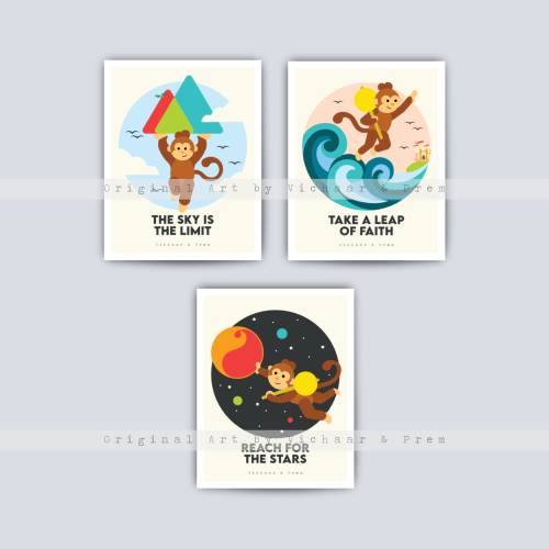 Sky is the Limit, Reach for the Stars, Take a Leap of Faith, Hanuman Art Prints, Minimalist Indian Art, Nursery Decor
