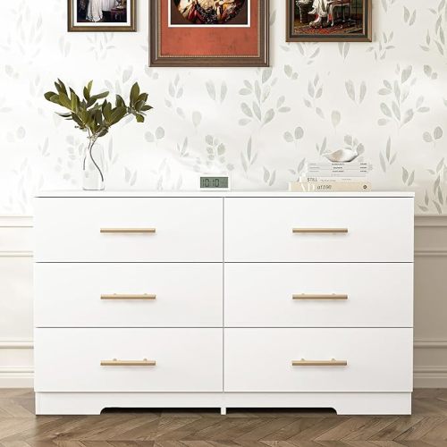White Dresser for Bedroom, 6 Drawer Dresser, Storage Chest of Drawers & Dresser,Wood Dresser,TV Dresser for Living Room