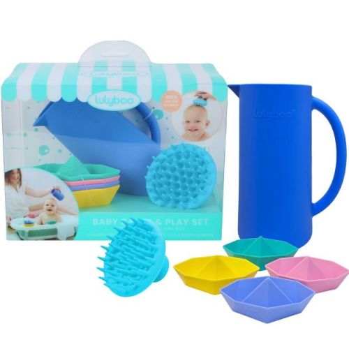 Lulyboo Silicone Baby Bath Toys Gift Set - Rinse Cup, Scalp Scrubber & Boat Toys For Fun Bath Time For Infants And Toddlers - Brights - 6pc