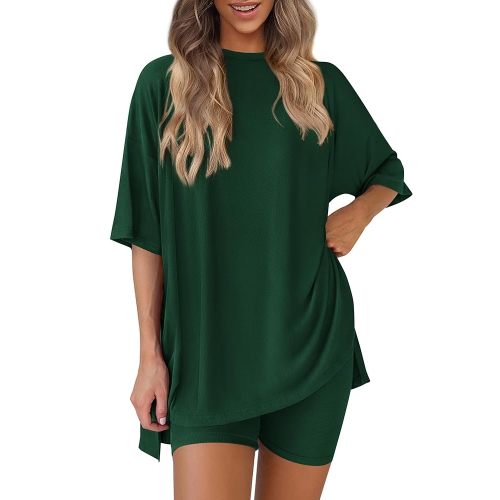 PRETTYGARDEN Women's Two Piece Lounge Set 2025 Summer Casual Oversized Shirts Biker Shorts Matching Airport Travel Outfit