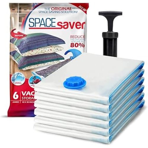 6 Pack Jumbo Vacuum Storage Bags for Comforters, Blankets & Clothes – Jumbo Vacuum Sealed Compression Bags with Hand Pump – Space Saver Storage Bags for Bedding, Moving, Travel & Organization