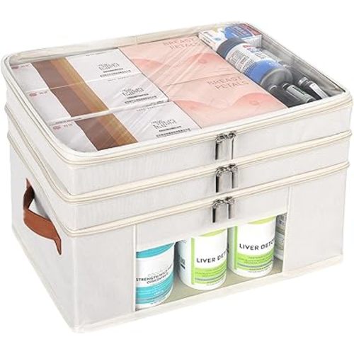 3-Tier Medicine Organizer for Cabinet, Medicine Storage Box with Clear Cover and Leather Handle, Empty First Aid Kit for Home and Travel